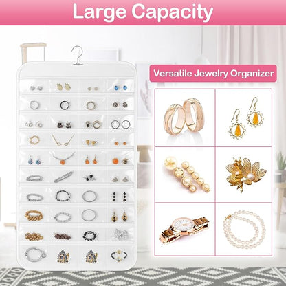 3 Pack Hanging Jewelry Organizer, 80 Clear Pockets earring organizer and storage, Accessories holder organizer for Closet, Jewelries, Necklace, Travel