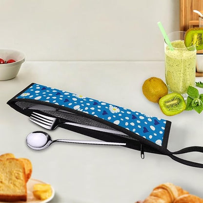 COEQINE Blue Floral Travel Silverware Case Cutlery Pouch Metal Straws Case Lightweight Portable Leafproof Flatware Organizer Case With Handles Camping Work Carry Utensil Bag