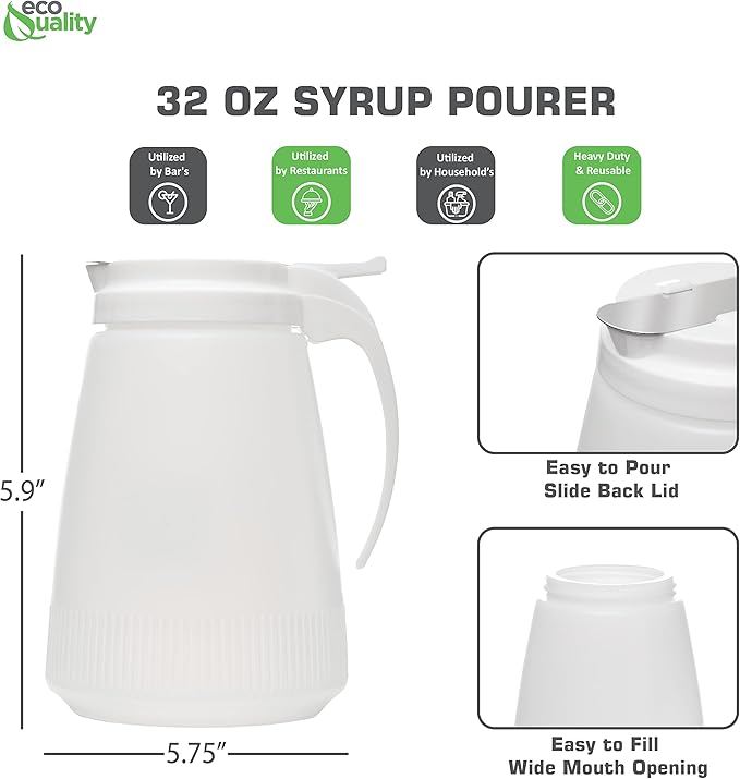 [1 PACK] EcoQuality 32oz Plastic Syrup Dispenser with Plastic Lid and Stainless Steel Slide Cover - Syrup, Sugar, Honey Dispenser - Perfect for Diners, Restaurants, Home, Office, Disposable (32 Ounce)