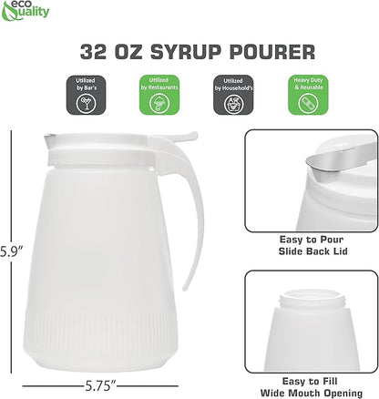 [1 PACK] EcoQuality 32oz Plastic Syrup Dispenser with Plastic Lid and Stainless Steel Slide Cover - Syrup, Sugar, Honey Dispenser - Perfect for Diners, Restaurants, Home, Office, Disposable (32 Ounce)