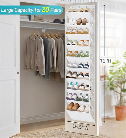 AOODA 10 Tier Clear Over the Door Shoe Organizer Storage, Deep Pockets Large Hanging Shoe Rack for Closet Door, Fit 20 Pairs Sneaker Holder Hanger for Boots (White)