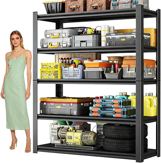72''H Garage Shelving,3300LBS Heavy Duty Garage Shelving,35"W Industrial Shelving,Adjustable Storage Shelf Unit with Double Layer Posts for Garage,Basement,Warehouse,Commercial,Black 5 Tier