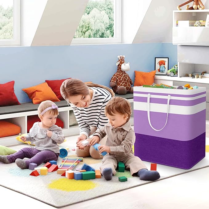 StorageRight Large Collapsible Laundry Basket Hamper with Easy Carry Handles，Freestanding Clothes Hampers for Laundry, Bedroom, Dorm, Towels, Toys, 100L, Purple
