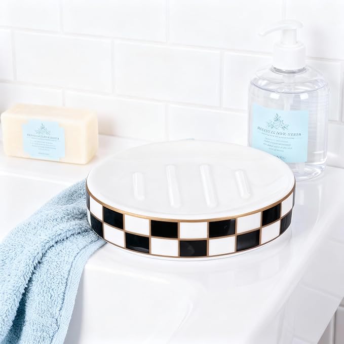Ceramic Checkered Soap Dish,Black&White Soap Dish for Bathroom Sink, Bar Soap Holder for Bathroom Decorative Counter,Checkered Deco (Black)