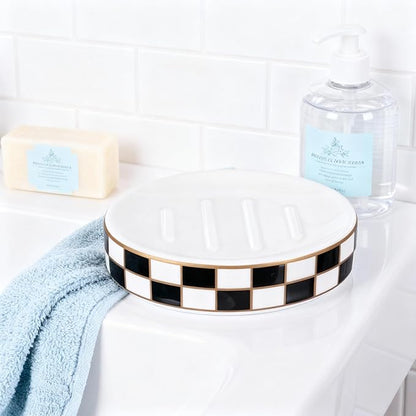 Ceramic Checkered Soap Dish,Black&White Soap Dish for Bathroom Sink, Bar Soap Holder for Bathroom Decorative Counter,Checkered Deco (Black)