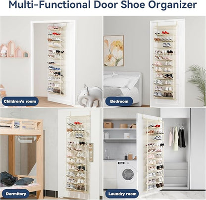 Whitmor 36 Pair Over The Door Shoe Organizer, 12 Tier Hanging Shoe Organizer, Heavy Duty Metal & Mesh Shoe Holder, Hanging Shoe Rack for Closet Organizer & Storage, 74"L x 21.7"W x 7.5"H, Beige