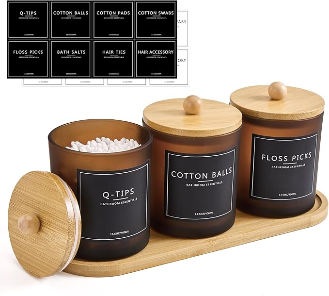 3 Pack Qtip Holder Bathroom Set with Tray,13.5oz Cotton Round Ball Pad Holder Cotton Swab Floss Pick Dispenser,Glass Apothecary Jars Canisters with Lids,Bathroom Organizers and Storage Container-Amber