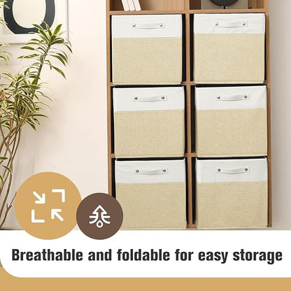 FinishingBo 13 x 13 Inch Fine Linen Storage Bins with Handles，Fabric Cube Boxs，Basket Organizers for Shelves for Home, Closet Drawers (White/Khaki-4 Pack)