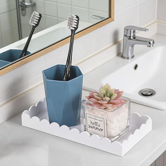 Acrylic Bathroom Vanity Tray 7.9", Soap Dispenser Decorative Scalloped Tray for Bathroom Kitchen Living Room Decor Vanity Perfume, White