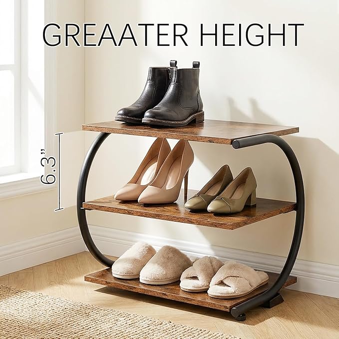 C-Shaped 3-Tier Shoe Rack with Metal Frame & Adjustable Feet - Compact Organizer for Entryway, Closet, Hallway (Holds 11 lbs/Shelf)