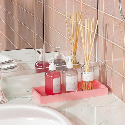 ZHWS Bathroom Vanity Tray for Perfume Decor Toilet Tank Candle Toiletries, Kitchen Tray for Soap Dispenser Spice Salt Coffee, Bamboo Nightstand Tray 11.3”x4.4” (Pink)