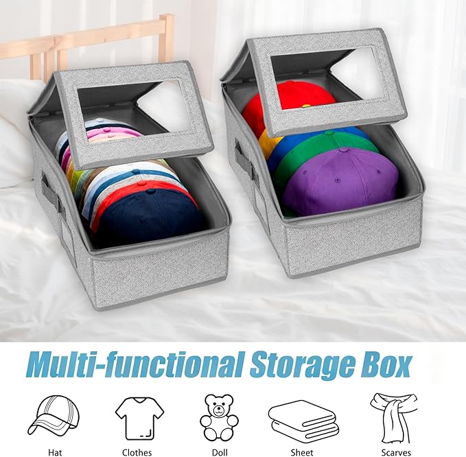 4 Pack Hat Organizer for Baseball Caps, Hat Storage Box, Holds up to 48 Caps, Baseball Cap Organizer for Closet/Shelf, Hats Box Holder | Stackable, Foldable, Clear Lid, Easy-Access,Grey