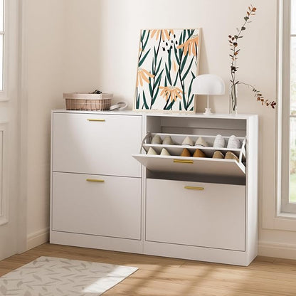 LYNSOM Shoe Cabinet, Free Standing Tipping Bucket Shoe Rack Organizer with 2 Flip Drawers, Modern Entryway Shoe Storage with Top Display, Narrow Slim Hidden Shoe Cabinet (White)