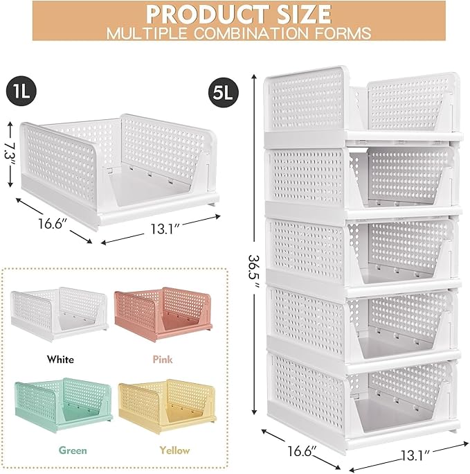8 Pack Stackable Closet Storage Basket - Stackable Storage Bins, Multifunctional & Foldable Closet Organizer Waterproof, Wardrobe Cupboard Space-Saving Hat Storage Drawer Organizer, White