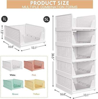 8 Pack Stackable Closet Storage Basket - Stackable Storage Bins, Multifunctional & Foldable Closet Organizer Waterproof, Wardrobe Cupboard Space-Saving Hat Storage Drawer Organizer, White
