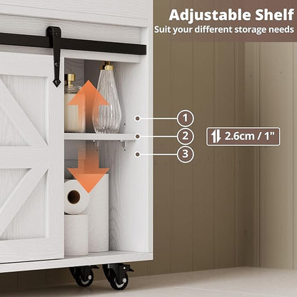 IRONCK Toilet Paper Cabinet, Slim Bathroom Cabinet with 4 Rolling Wheels, Farmhouse Slim Storage Cart with Paper Holes, Sliding Doors and Adjustable Shelf for Small Space, White/Natural
