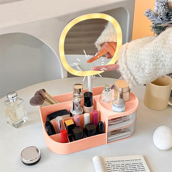 DASITON Makeup Organizer with Rechargeable Mirror,Makeup Brush Holder with 2 Drawers,Skincare and Cosmetics Organizer Countertop,Large Capacity Cosmetic Display Case for Vanity,Bedroom,Bathroom(Pink)