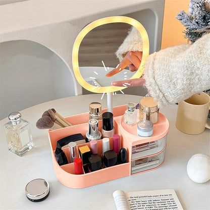 DASITON Makeup Organizer with Rechargeable Mirror,Makeup Brush Holder with 2 Drawers,Skincare and Cosmetics Organizer Countertop,Large Capacity Cosmetic Display Case for Vanity,Bedroom,Bathroom(Pink)