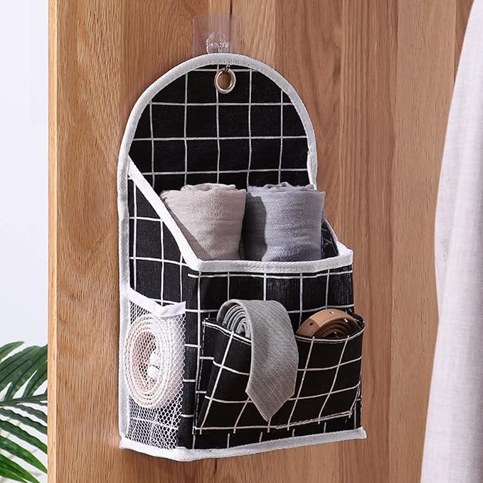 FuninCrea Wall Hanging Storage Bag, Black and White Checkered Linen Organizer Wall Mounted Punch-Free Over The Door Storage Pouch with 6 Storage Pockets and 1 Hanging Hook (Black)