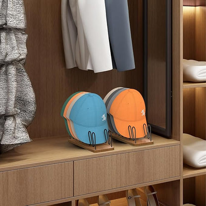 Hat Organizer for Baseball Caps 2 Pack, Premium Wood and Metal Design Hat Storage for Baseball Caps for 14Caps, Tabletop Hat Racks for Closet, Dresser, Entrance (2PCS, Walnut Color)