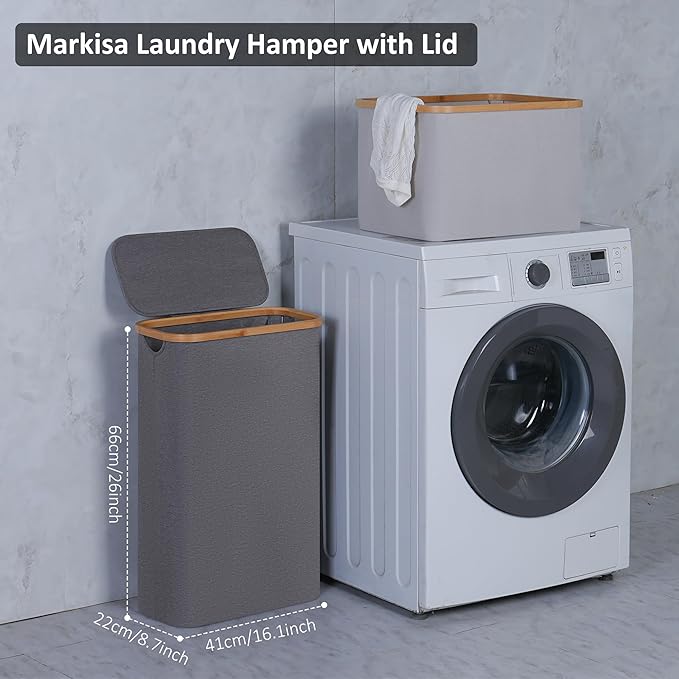 Slim Laundry Basket,60L Laundry Hamper with Lid, Tall Hamper for Laundry,Dirty Cloth Hamper with Bamboo Handle for Towels, Clothes Organizing,Grey