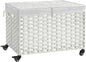 Rolling Storage Basket with Lid, 47.6 Gallon (180L) Storage Bin with Wheels, Woven Rattan Blanket Storage Basket with Handles, Foldable, Metal Frame, Removable Liner for Bedroom, Laundry Room, White