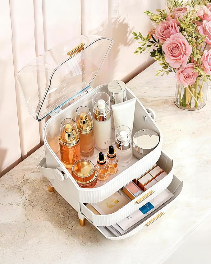 Makeup Organizer with Drawers & Lid - Portable Large Cosmetic Storage Case for Vanity Countertop, Travel, Gift for Women, Girls, 11"×7"×15", White