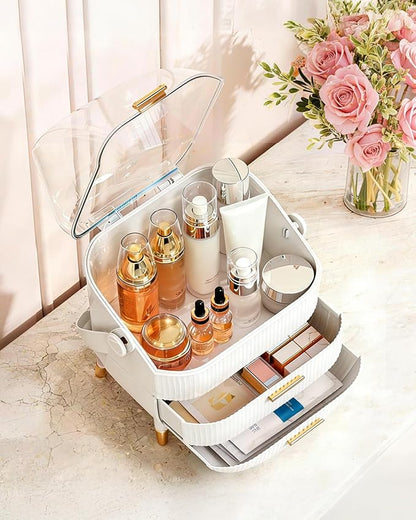 Makeup Organizer with Drawers & Lid - Portable Large Cosmetic Storage Case for Vanity Countertop, Travel, Gift for Women, Girls, 11"×7"×15", White