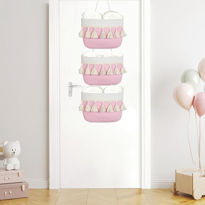Over the Door Organizer Nursery - Cotton Boho Decor 3 Tier Wall Hanging Basket, Decorative Hanging Storage Organizer for Nursery Bathroom Bedroom Laundry Dorm Kitchen
