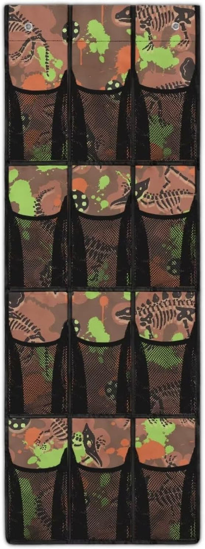 Green Dinosaur Over Door Shoe Organizer, 12 Large Pockets Hanging Rack for Closet, Dinosaur Theme Storage for Kids Bedroom & Playroom Shoes & Books