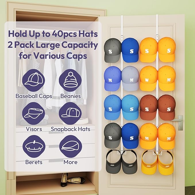 SWTYMIKI Over Door Hat Organizer - 2 Packs Metal Wall Mounted Hat Rack with 5-Tier Dual Hooks Design, Hanging Baseball Cap Organizer Storage Holds up to 40 Caps for Door, Bedroom, Closet(White)