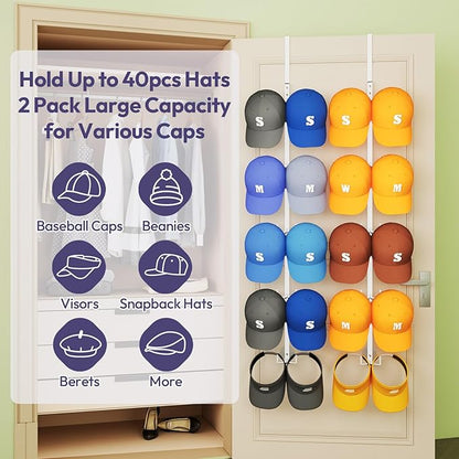 SWTYMIKI Over Door Hat Organizer - 2 Packs Metal Wall Mounted Hat Rack with 5-Tier Dual Hooks Design, Hanging Baseball Cap Organizer Storage Holds up to 40 Caps for Door, Bedroom, Closet(White)