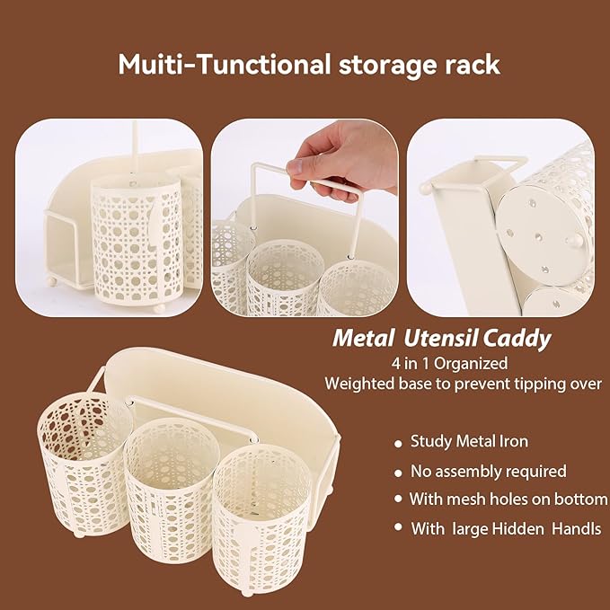 NelyBet Utensil Caddy Silverware Holder Fork Spoon Napkin Paper Plate Organizer Metal Utensil Holder Cutlery Flatware Organizers for Party Kitchen Countertop Camping Picnic - Cream Mesh