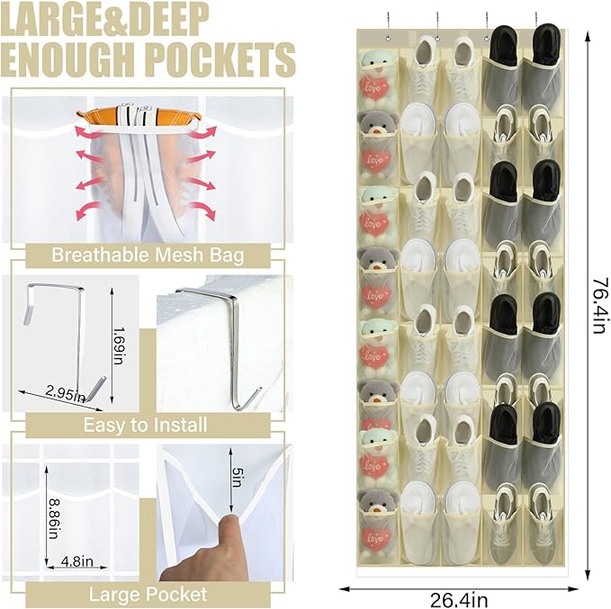 Windyun 2 Pack 40 Over the Door Shoe Organizers Large Mesh Pocket Hanging Shoe Rack for Closet Nonslip Behind Door Storage Holder Back to School Organizer for Dorm Room College Storage (Beige)