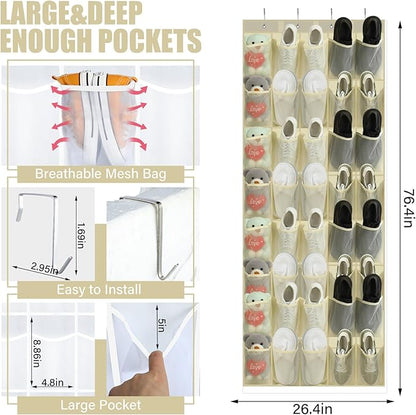 Windyun 2 Pack 40 Over the Door Shoe Organizers Large Mesh Pocket Hanging Shoe Rack for Closet Nonslip Behind Door Storage Holder Back to School Organizer for Dorm Room College Storage (Beige)