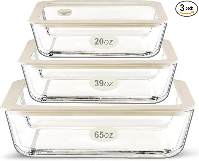 Urban Green Glass Food Container Set with Glass Lid, 3 Pack, Meal Prep Containers with Silicone Framed Airtight Lid, Leakproof, 100% Plastic Free,