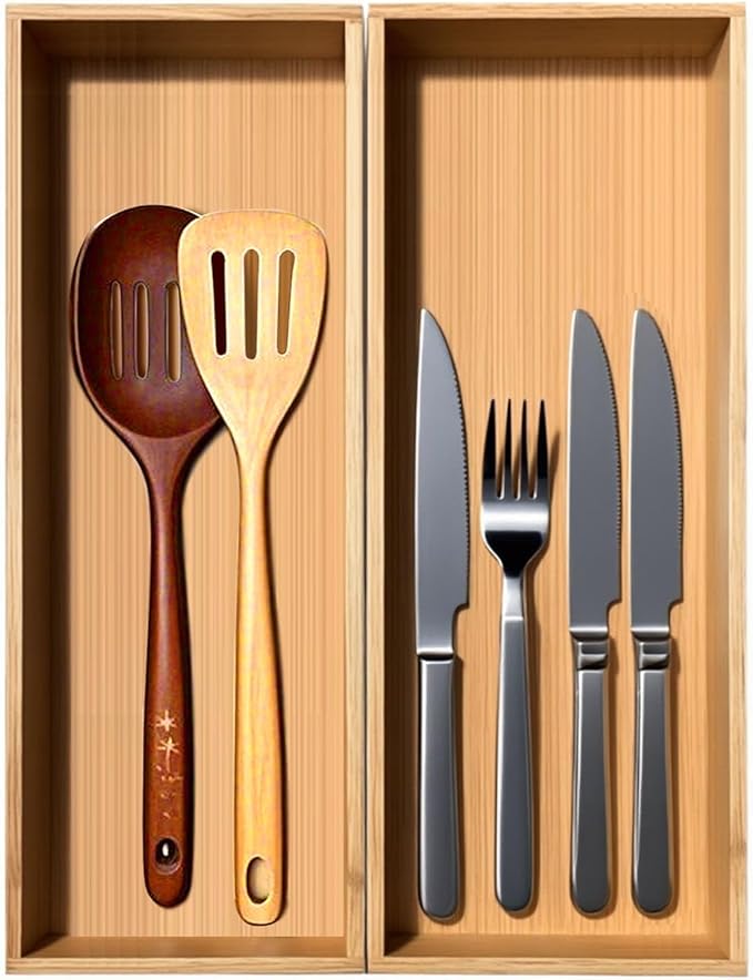 guiogc Set of 2 Bamboo Drawer Organizer, Stackable Utensil Organizer for Kitchen, Bamboo Storage Box Wood Silverware Tray for Drawer