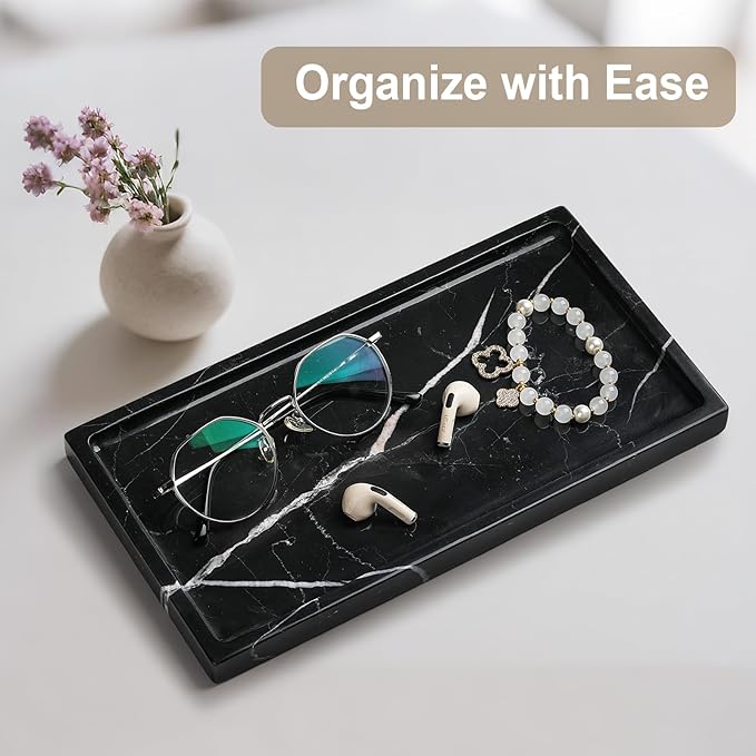 Natural Marble Vanity Tray - Moujings Genuine Marble Perfume Tray for Bathroom Decor, Stone Bathroom Vanity Organizer Tray for Kitchen Counter, Candles, Jewelry, Coffee, Makeup, Key