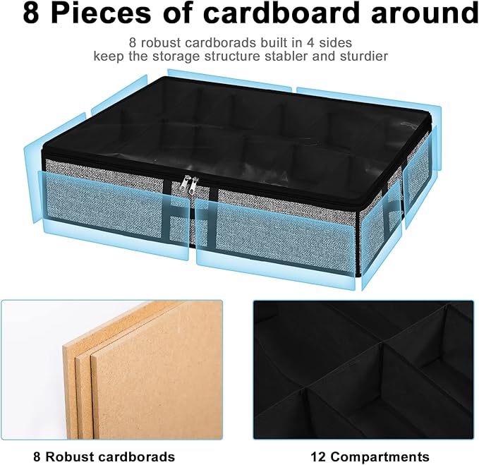 Under Bed Shoe Organizer Storage for Closet 2 Pack- Fits 24 Pairs Underbed Shoes Container Boxes with H Shap Sturdy Handles and Clear Window,Foldable Shoe Rack Holder,Black