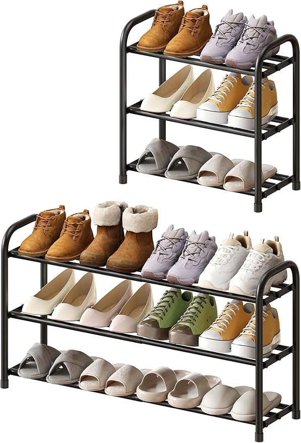kiplant Shoe Rack for Closet, 3-Tier Expandable Closet Shoe Rack Metal Organizer, Heavy Duty Black Shoe Storage Shelf for Entryway, Doorway, Narrow Space