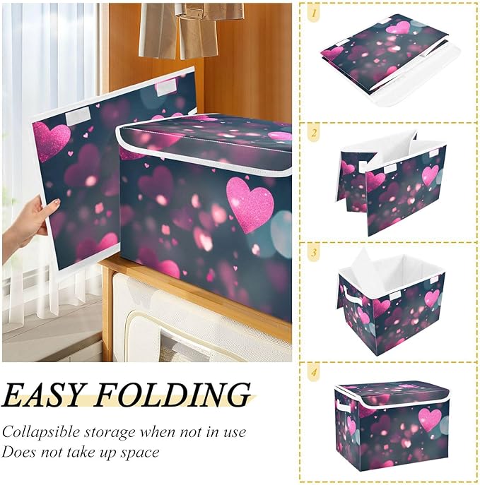 senya Valentines Baskets Collapsible Storage Bins with Lids, Love Hearts Romantic Storage Boxes Clothes Baskets for Organizing