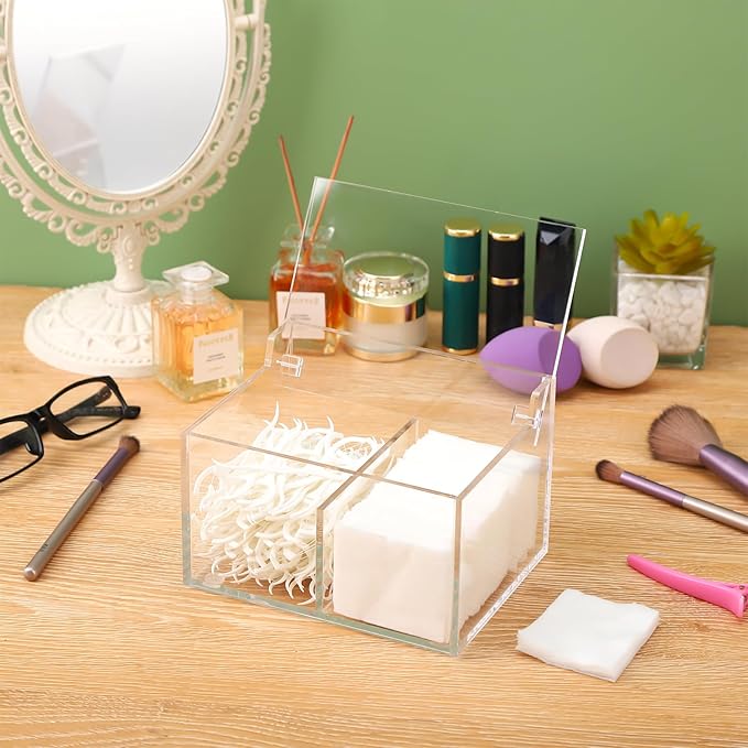 Qtip Holder Acrylic Container for Cotton Swab, Cotton Pads, Floss Picks - Restroom Containers Bathroom Essentials Accessories Decor Vanity Storage Organizer, 5.7'' x 3.7'' x 3.42''