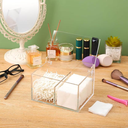 Qtip Holder Acrylic Container for Cotton Swab, Cotton Pads, Floss Picks - Restroom Containers Bathroom Essentials Accessories Decor Vanity Storage Organizer, 5.7'' x 3.7'' x 3.42''