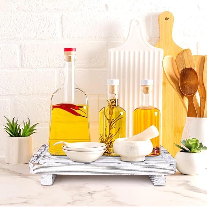 Bathroom Counter Tray Wood Pedestal Stand White Kitchen Countertop Trays Decorative Wooden Riser Display Stands Dish Soap Dispenser Holder for Bathroom Sink Accessories Kitchen Decor Vanity Tray