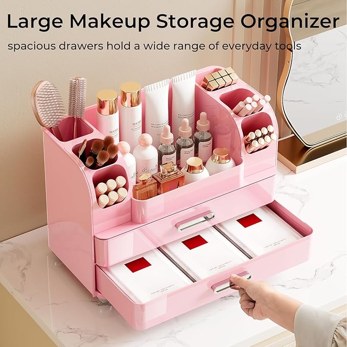 Makeup Organizer for Vanity with 2 Large Drawers, Cosmetic Display Case with Brush Holders, Easy to Storage for Bathroom Countertop Skincare, Desk Office Supplies, All Pink