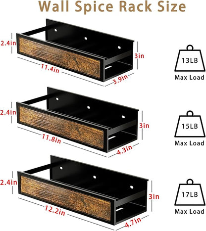 Spice Rack Wall Mount for Large Spice Jars, 6 Pack Ironwood Spice Organizer shelf for Rustic, Industrial and Modern Kitchens,Quick Adhesive Strips and Screws for Mounting (Engineered Wood)