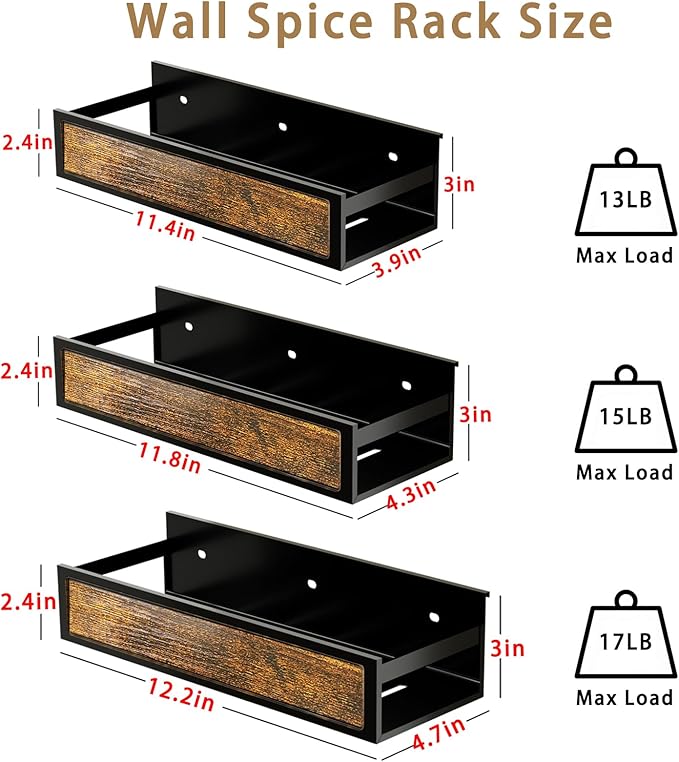 Spice Rack Wall Mount 3 Pack, Space-Saving Seasoning Organizer,Screw or Adhesive Hanging Spice Rack Organizer for Kitchen Cabinet and Wall (Engineered Wooden)