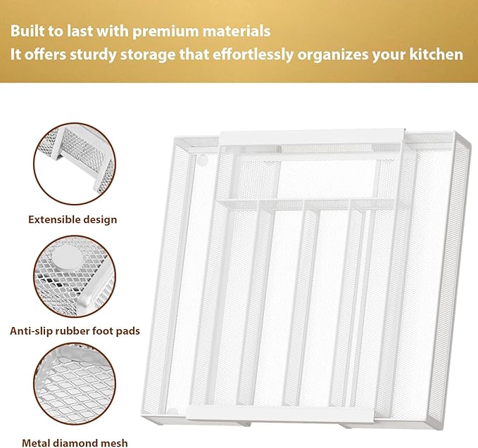 Sedegn Silverware Organizer Metal Mesh, Drawer Organizer, Utensil Cutlery Tray for kitchen drawers,Expandable Flatware Organizer with 7 Compartment White 9.6"~16.1" x 13.8"