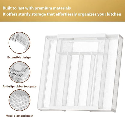 Sedegn Silverware Organizer Metal Mesh, Drawer Organizer, Utensil Cutlery Tray for kitchen drawers,Expandable Flatware Organizer with 7 Compartment White 9.6"~16.1" x 13.8"