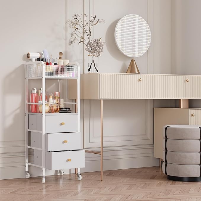 HapiRm Rolling Makeup Cart Organizer - Floor Skincare Make Up Storage with 3 Non-woven Fabric Drawers, Vanity Organizer Cosmetic Display Cases Holder for Skin Care Perfume Nail Polish Brush Hair Tool